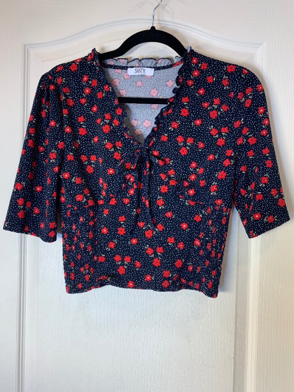 Floral Smocked Crop Top Size Small Navy Red Coquette Feminine